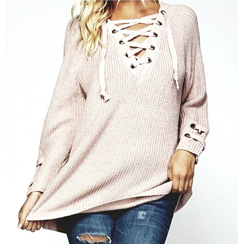 Miracle Chunky Knit Lace Up Sweater Latte Light Brown V-Neck Size S/M